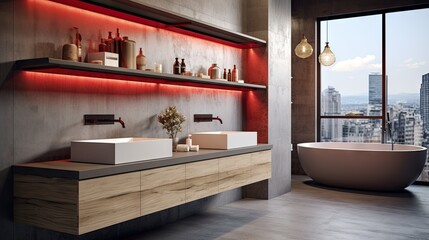 Modern bathroom with gray and marble walls, wooden and concrete floor, narrow window, red sinks on wooden shelf with hanging ceiling lamps.