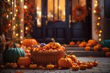 a basket with a pumpkin with a smile and sweets. ai generative