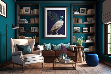 Taupe Space Blue Carribean Peacock and White Home Living Room