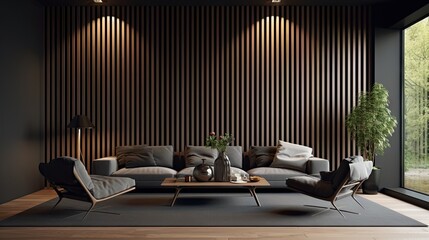 contemporary interior design with dark walls and vertical slats panel. - obrazy, fototapety, plakaty