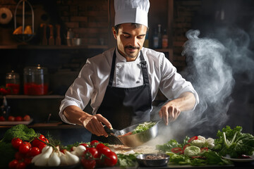 Male chef preparing vegetable vegetarian dish at a professional kitchen. 