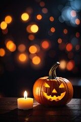 Fototapeta premium Smiling pumpkin next to a lit candle. ai generative