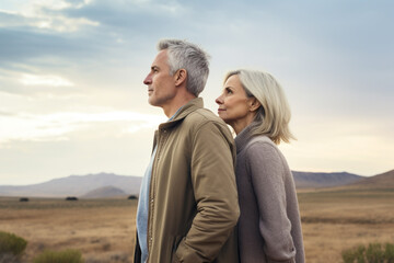 Love, lifestyle, relationship concept. Middle age couple standing next to each other and looking into the distance or horizon. Generative AI