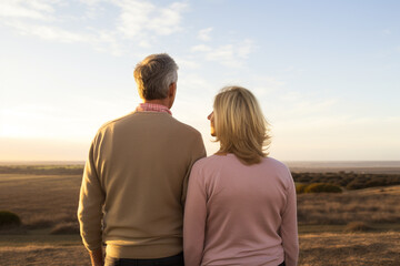 Love, lifestyle, relationship concept. Middle age couple standing next to each other and looking into the distance or horizon. Generative AI