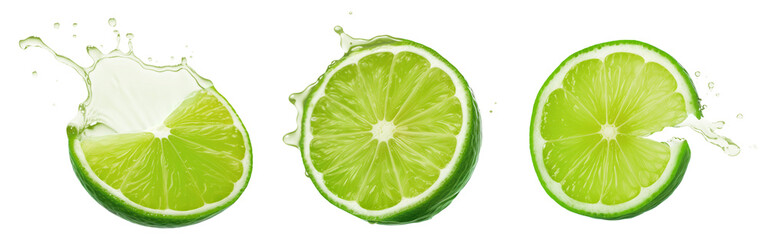 Lime slices with drops and water splash isolated on a transparent background. Generative AI