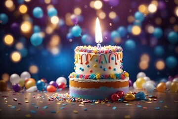 Happy birthday cake with one candle and balloons. ai generative