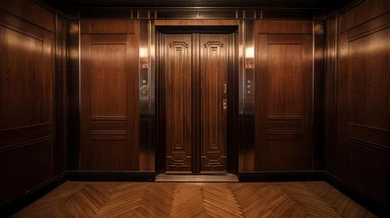 Foto auf Acrylglas Alte Türen Wood lined interior of a closed vintage Soviet elevator.