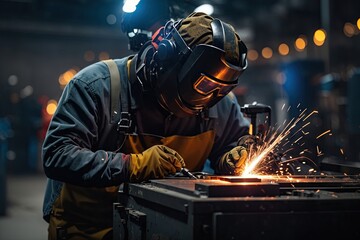 Metal welder working with arc welding machine. ai generative