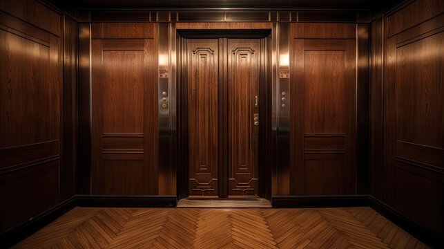 Wood lined interior of a closed vintage Soviet elevator.