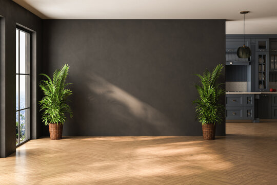 Modern interior design of apartment, kitchen, empty living room with black wall, panorama.