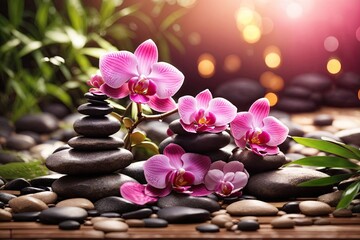 Fototapeta na wymiar Zen spa stones with pink orchid and bamboo. ai generative