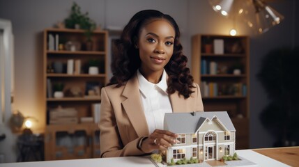 Young successful female architect or realtor presents a new house project. - obrazy, fototapety, plakaty