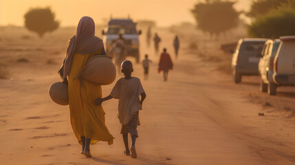 The family goes for water and food, poverty. Africa.