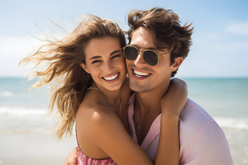 Beautiful happy young couple smiling at the Beach on a summer day 