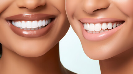 Fototapeta premium Beautiful smiles with perfect healthy white teeth. Dental health, whitening, prosthetics and care.