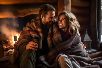 Fototapeta na wymiar Couple wrapped in blankets, sipping hot drinks by a cozy cabin fire, romantic environment