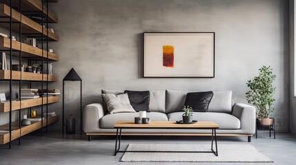 Copy area on wall in Scandinavian living room with contemporary sofa, metal shelves, and industrial coffee table, authentic image.