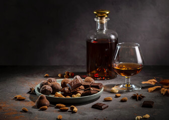 A glass of cognac, cognac in a bottle and pieces of chocolate on a dark background