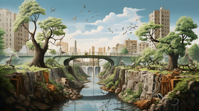 A surreal scene where nature begins to reclaim urban spaces, signifying hope for environmental restoration