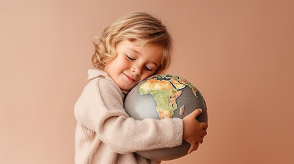 Little blond girl in a pink sweater with a globe in her hands