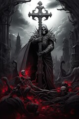 skeleton in armor holding a large cross