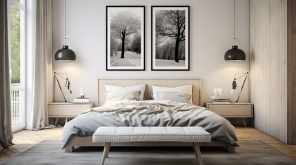 Create 3D representation of poster frame in modern Scandinavian bedroom interior.