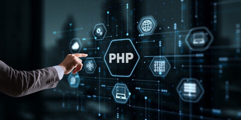 Hypertext Preprocessor PHP Programming. Interpreted programming language - obrazy, fototapety, plakaty