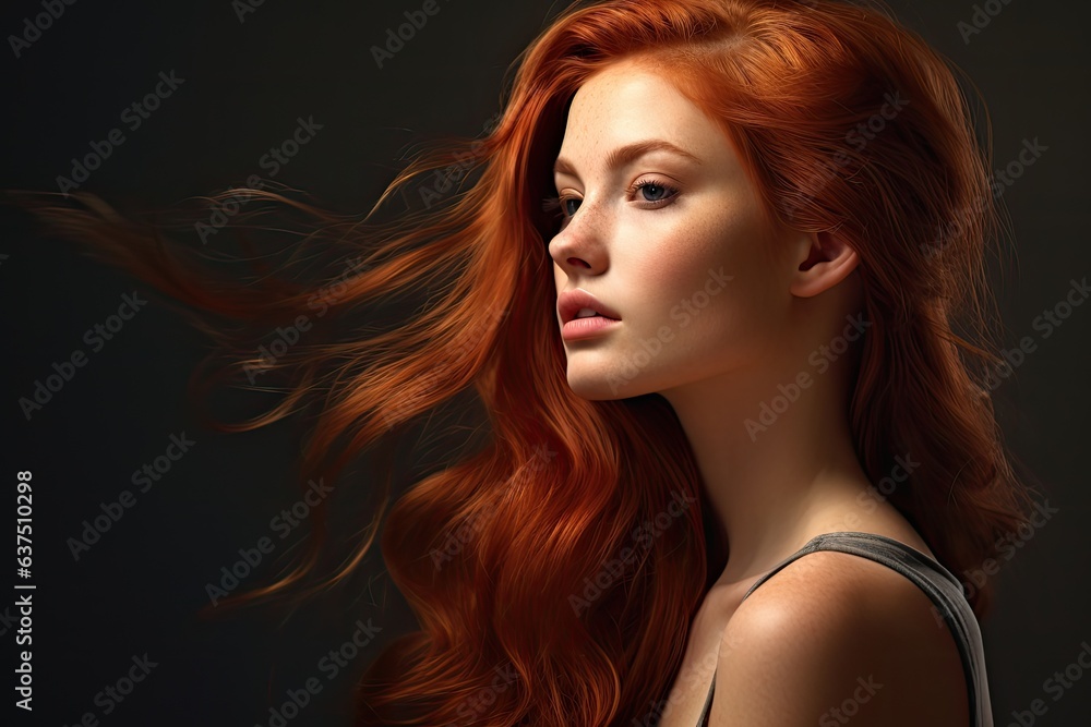Wall mural beautiful young woman with amazing red hair - beauty / haircare advertisement template (generative a - Wall murals