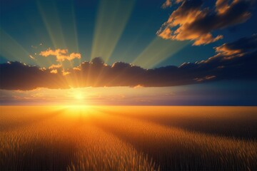 Serene sunset over a golden wheat field with rays of sunlight breaking through the clouds Generative AI
