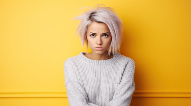 Portrait of a sad young woman with blonde hair on yellow background