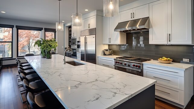 Luxurious modern kitchen in steel appliances, a granite island, pendant lights, and hardwood flooring.