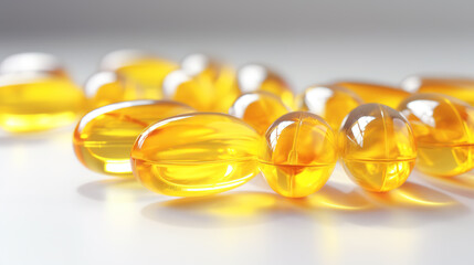 Transparent yellow vitamins on a light background. Vitamin D, omega 3, omega 6, Food supplement oil filled fish oil, vitamin A, vitamin E, flaxseed oil.	