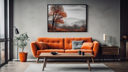 Real photograph of a modern apartment interior featuring a wooden table, poster, and a grey sofa with an orange blanket.