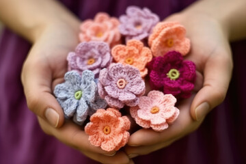 Many colorful chrocheted flowers in hands 