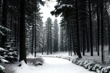 Serene winter path through snowy woods in black and white Generative AI