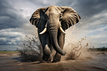 Fototapeta na wymiar Elephant running through lake