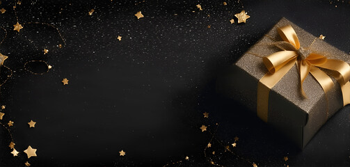New Year's gift, gift gold box on a black background, sequins and stars, banner
