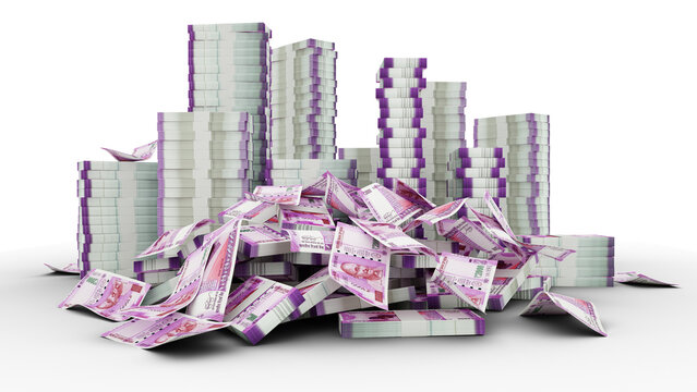 Big stacks of Indian rupee notes. A lot of money isolated on transparent background. 3d rendering of bundles of cash