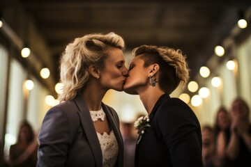 Wedding photography of a couple of two fictional lesbian women kissing. Generative AI.