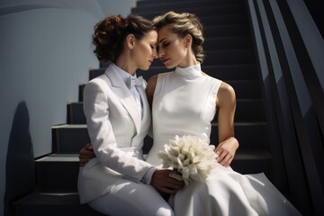 Wedding photography of a couple of two fictional lesbian women kissing. Generative AI. - obrazy, fototapety, plakaty