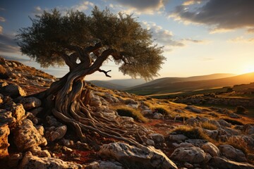 olive tree at sunset in a mediterranean countryside