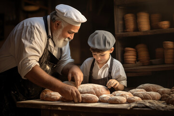 Baker imparts the art of bread-making to a young apprentice