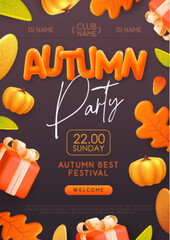Autumn seasonal party poster with 3D plastic gift box, pumpkins and autumn leaves. Vector illustration