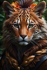 Fototapeta premium Portrait Picture of a Tiger Wearing Indigenous Tribe's Clothes in The Jungle AI Generative