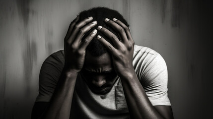 black man with anxiety and depression, mental health, black and white