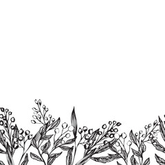 Seamless vector border with leaves and berries. Set of ink hand drawing wild plants and herbs, monochrome artistic botanical illustration for backgrounds. Temlate for wedding cards and polygraphy.