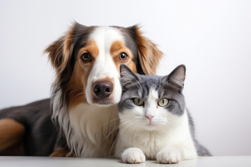 Dog and cat lying on white background
