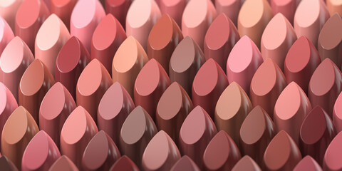 Lipsticks of different colors in row. Make up beauty concept background.
