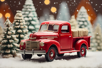 Red toy car with Christmas trees in the background. Christmas concept. - obrazy, fototapety, plakaty