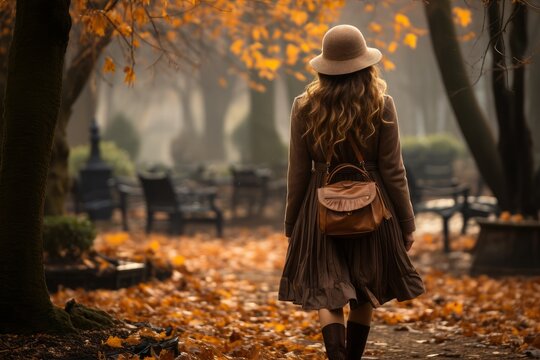 melancholy young woman in a bucolic park on a dreary autumn day